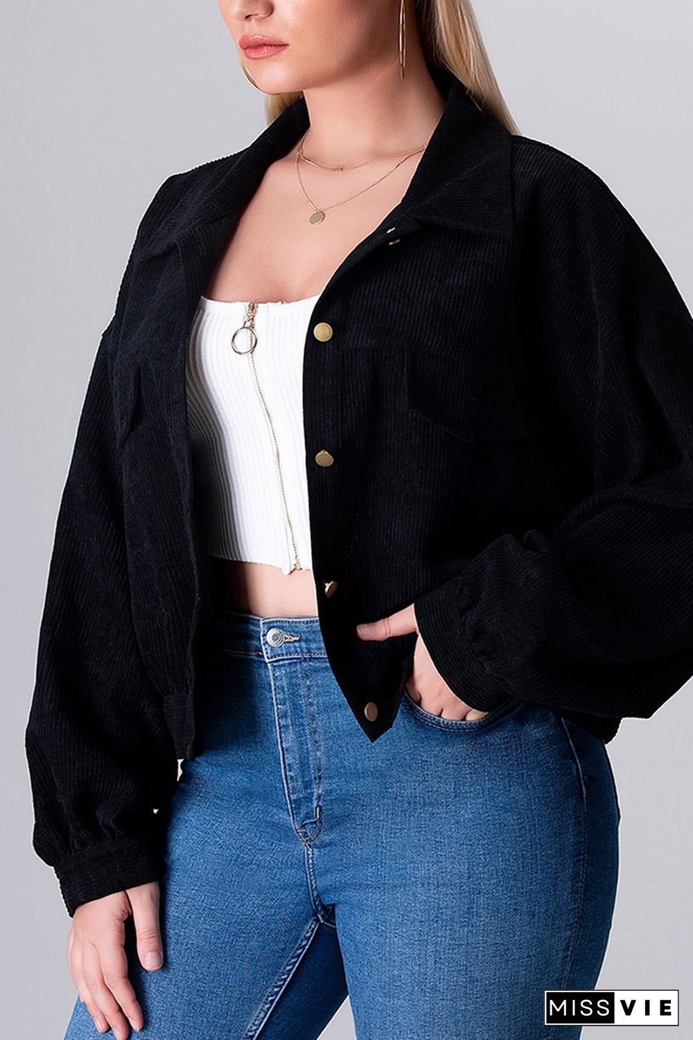 Plus Size Plain Button Short Jacket