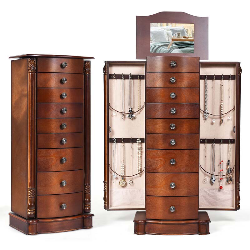 Dark Walnut Large Standing Jewelry Armoire Cabinet with 8 Drawers & 2 Swing Doors, 16 Hooks, Top Mirror Boxes