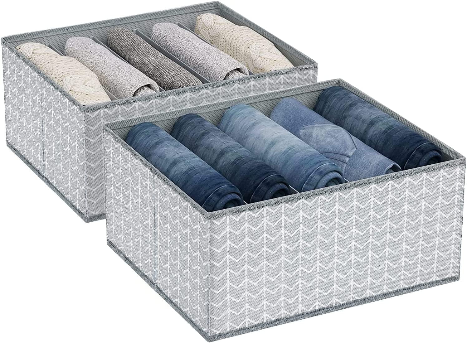 DIMJ Drawer Organizers for Clothing, Fabric Clothes Organizer with Cardboard, 5 Grids Drawer Dividers for Clothes, Jeans, Skirts, Wardrobe, Closet, Drawer, 2 Packs, Grey and White