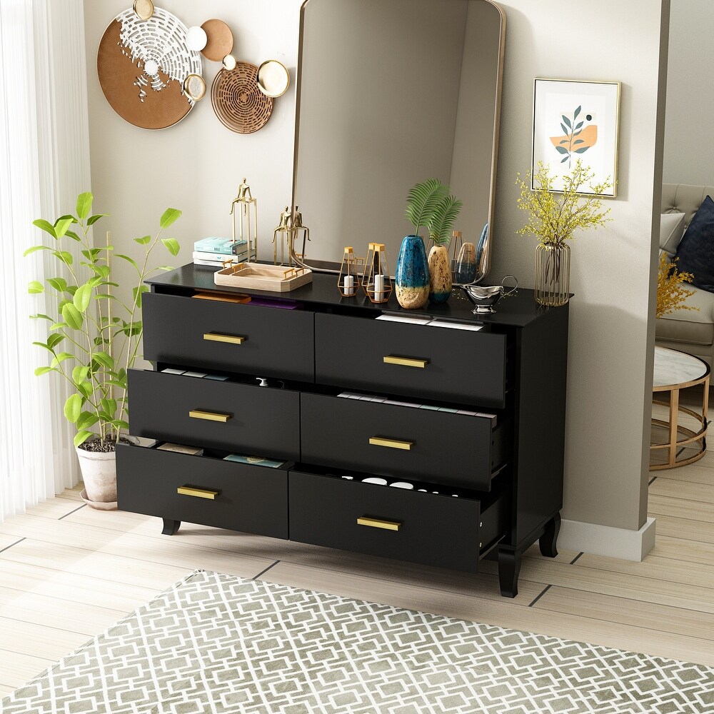 Timechee 6 Drawer 47.2''W Double Dresser Solid Wood Legs Lacquer Chest