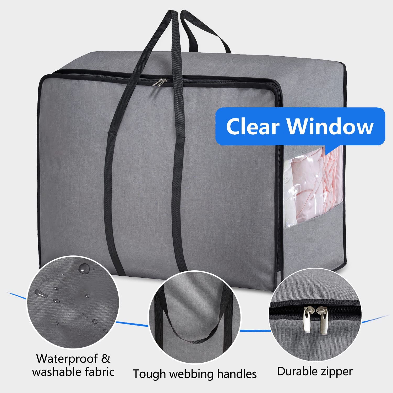 MISSLO Water Resistant Large Storage Bag Organizer for Moving Clothes, Comforters, Blankets, Clothing Containers in Closet, Bedroom, Dorm Room, Gray