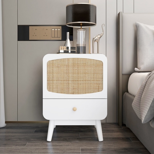 White Nightstand， Bedside Table with Storage Drawe Rattan Door