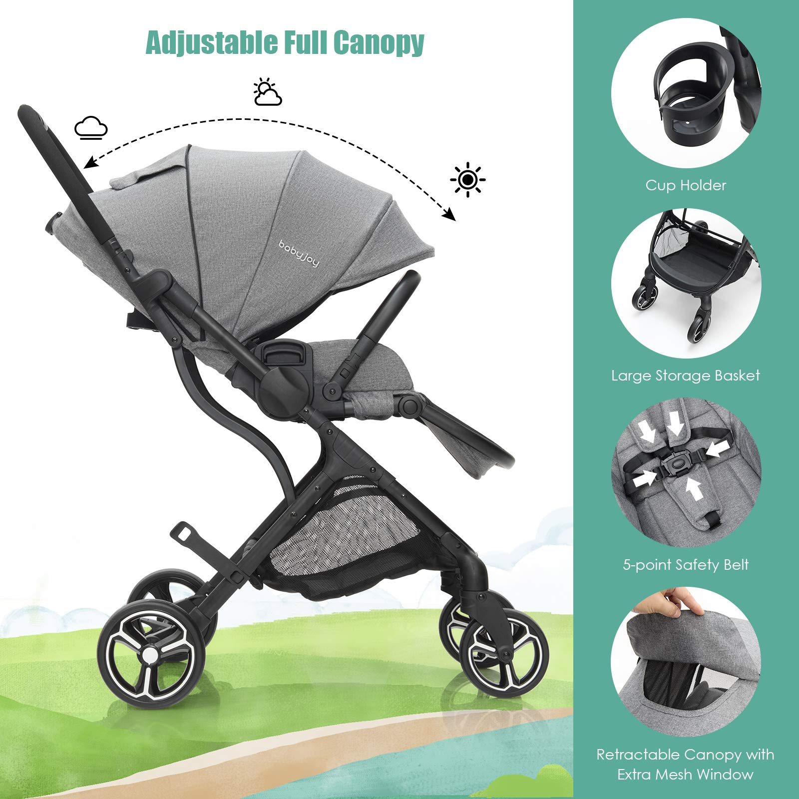 BABY JOY Baby Stroller, Front Rear Facing Toddler Carriage w/Convertible Seat