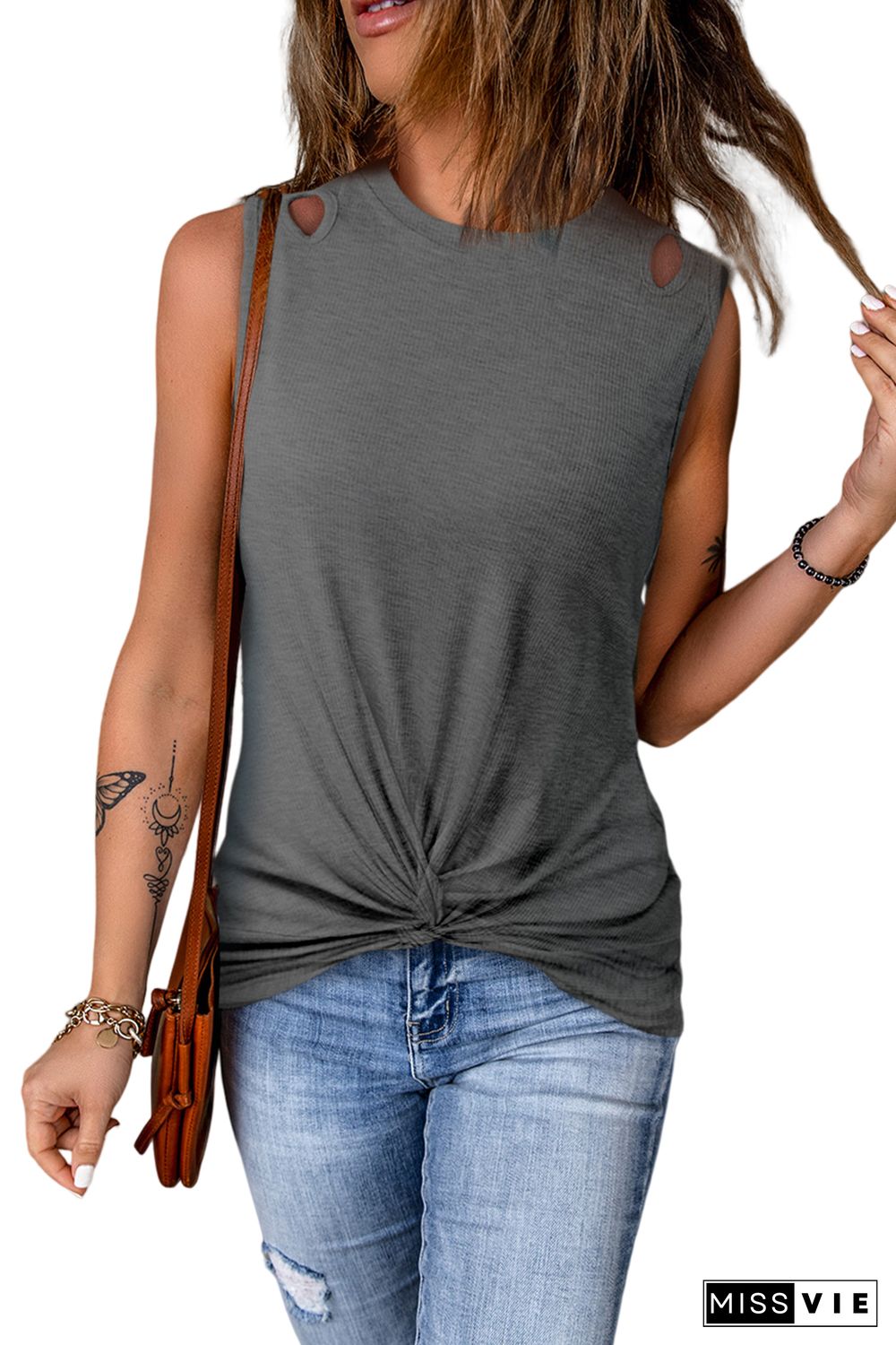 Gray Rib Knit Cut-out Front Twist Tank Top