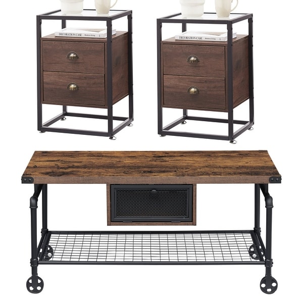 Industrial Coffee Table Set of 3， Rustic Brown Sofa Table and Glass Top Nightstands Set of 2