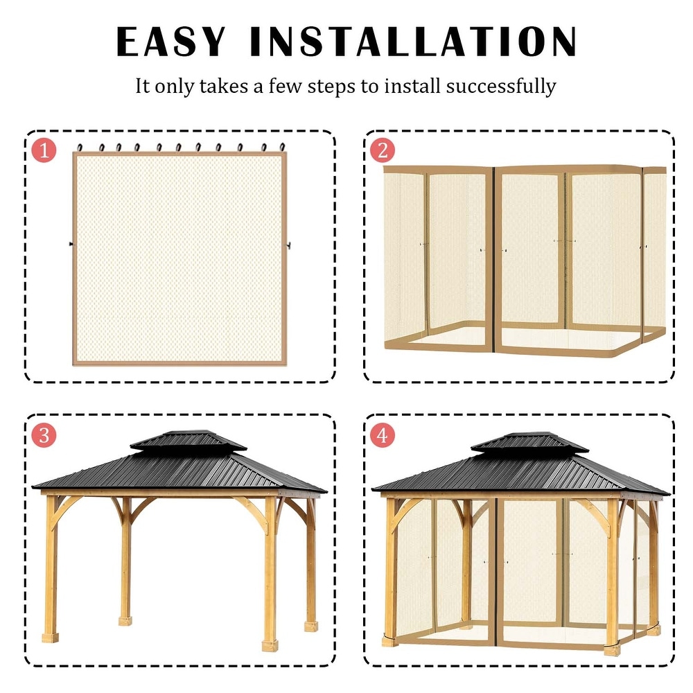 Aoodor Gazebo Netting Screen Black 12' x 12' Replacement Universal 4 Panel Sidewalls ( Only Netting)