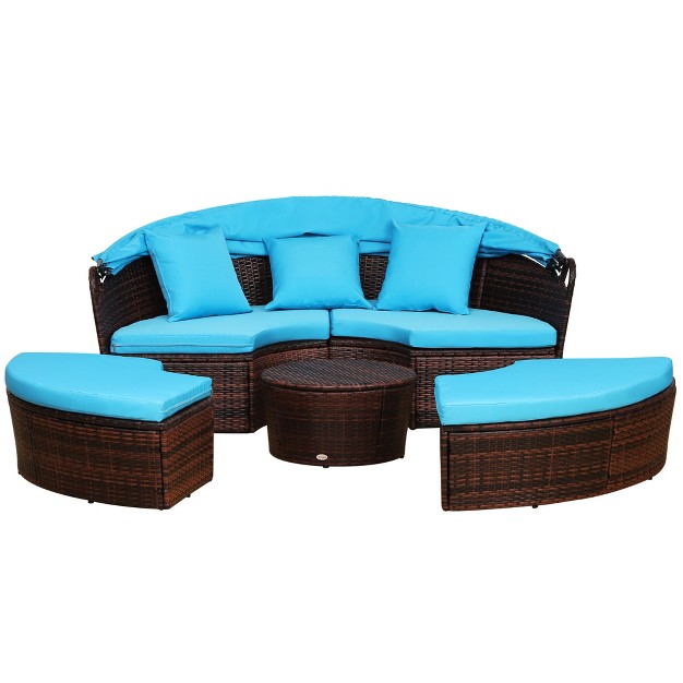 Outdoor Patio Round Daybed With Retractable Canopy 4 piece Wicker Clamshell Sectional Sofa With Cushions amp Ottoman Table Blue