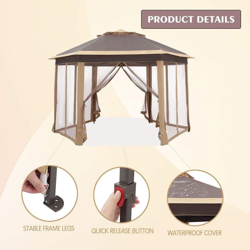 Outdoor Hexagonal Gazebo with Mosquito Net Center Light   6 LED Lights