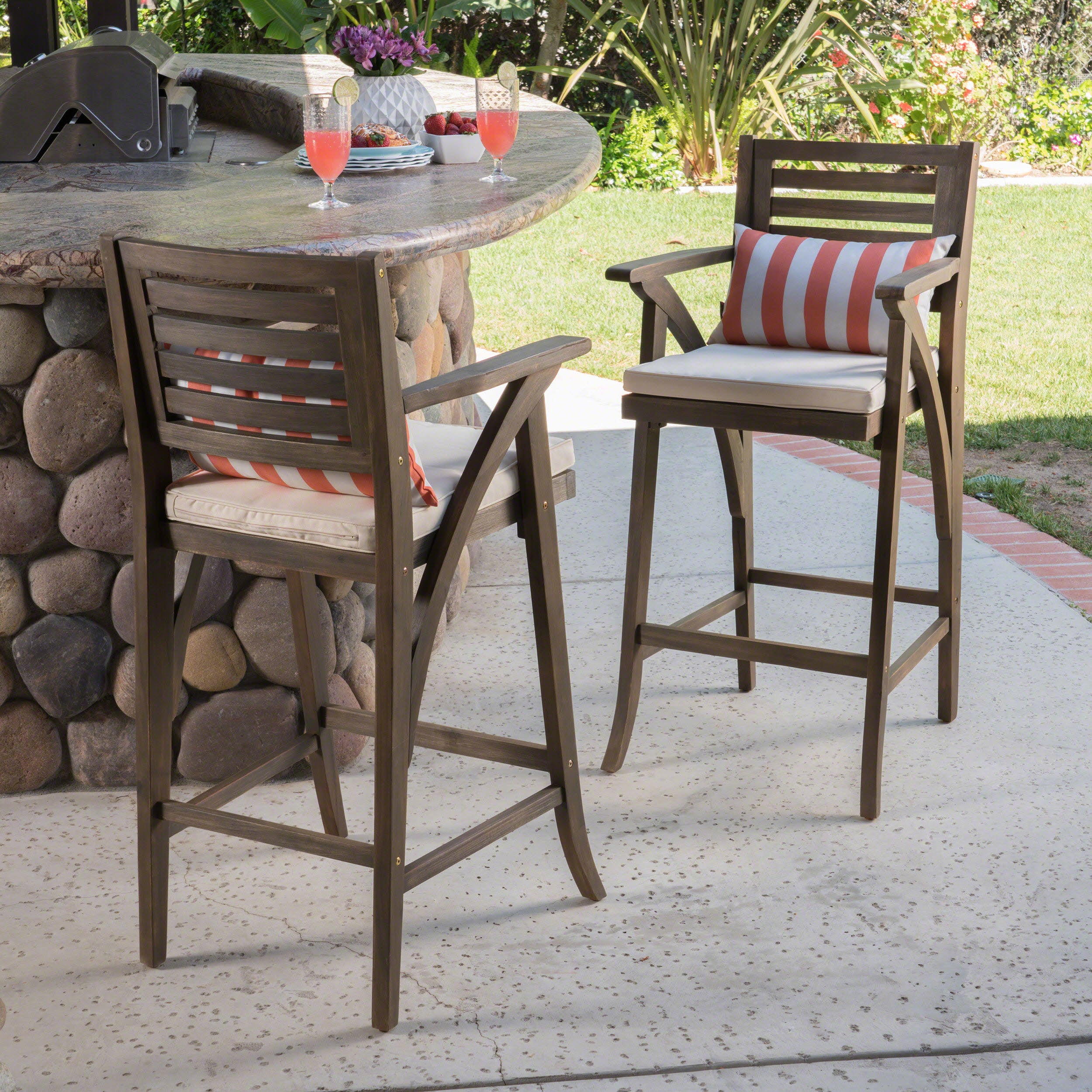 Joye Outdoor Acacia Wood Barstool (Set of 2), Grey with Cream Cushion