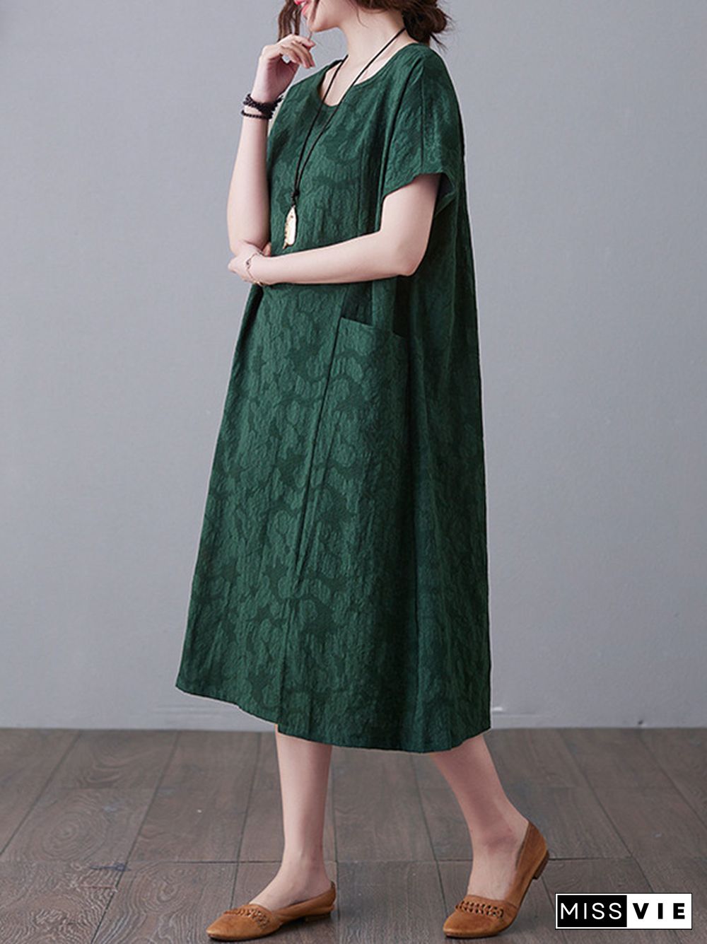 Original Solid Jacquard Short Sleeve Midi Dress