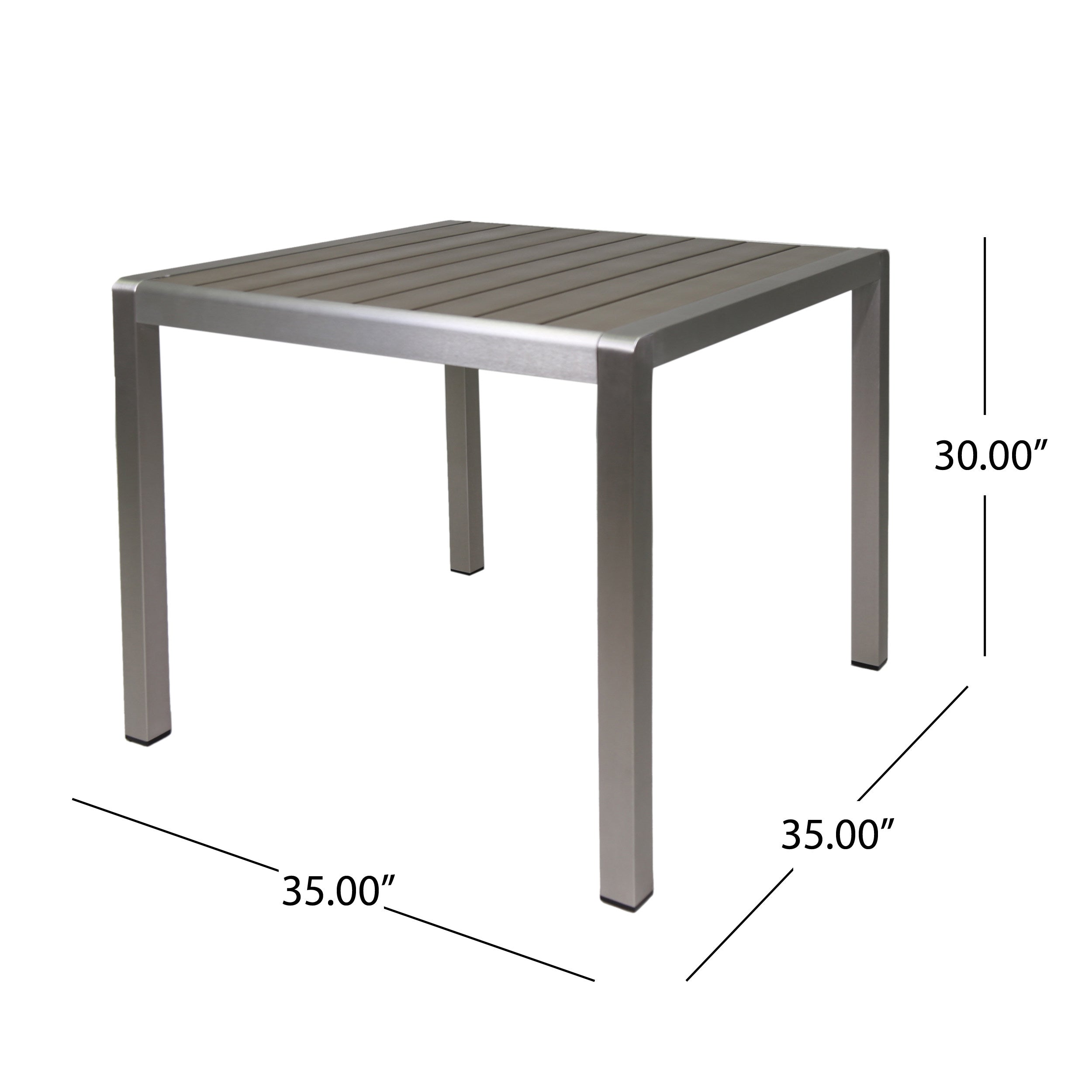 Louie Coral Outdoor Dining Table - Anodized Aluminum - Faux Wood Table Top - Square - Silver and Gray - 35-inch