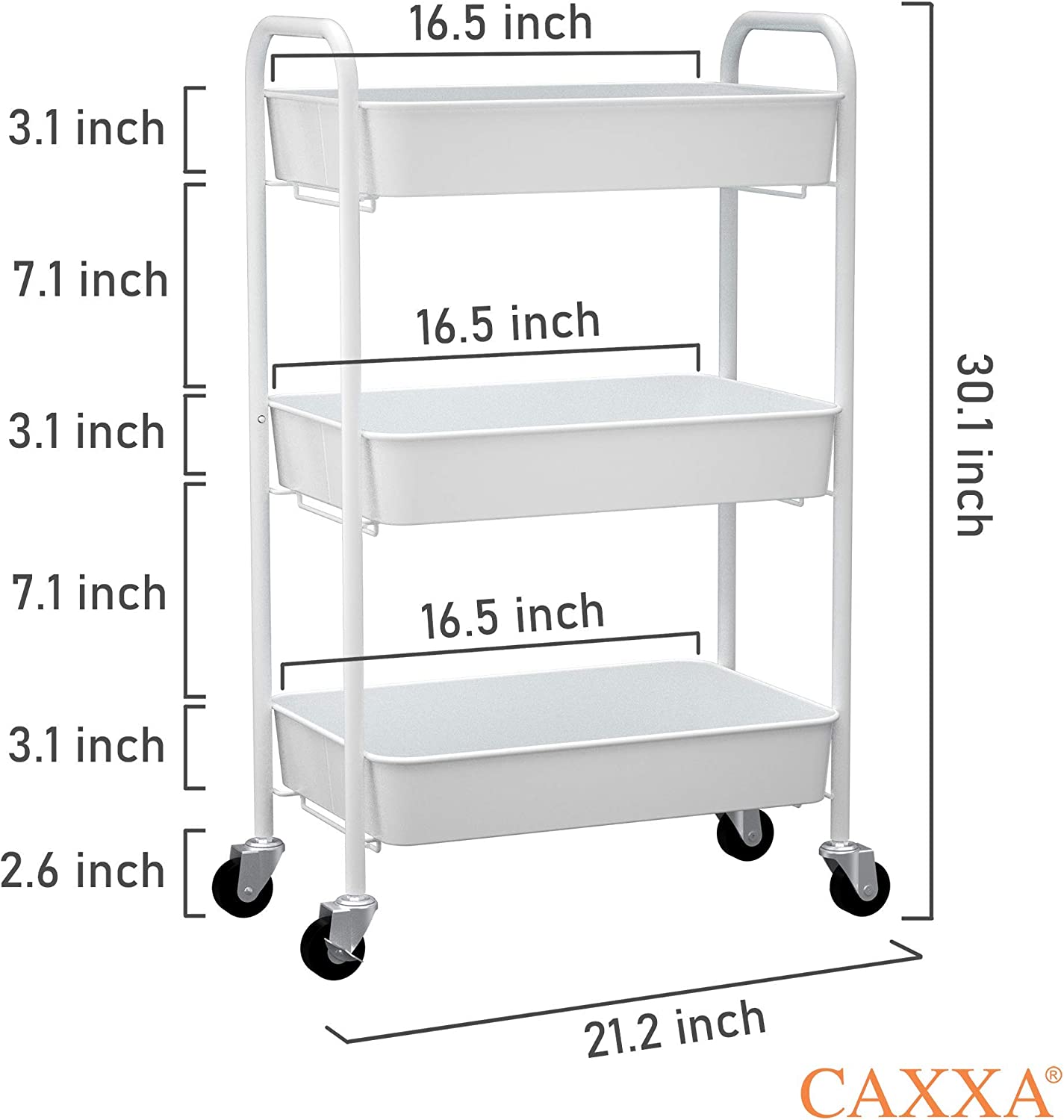 CAXXA 3-Tier Rolling Metal Storage Organizer - Mobile Utility Cart Kitchen Cart with Caster Wheels， White