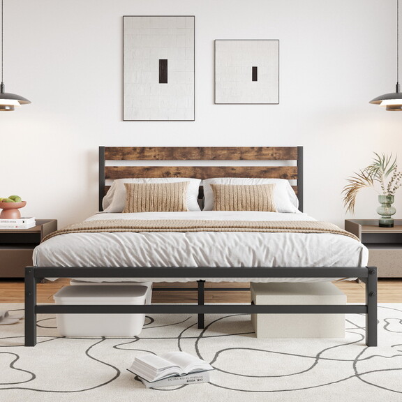 Queen Size Platform Bed Frame with Rustic Vintage ...