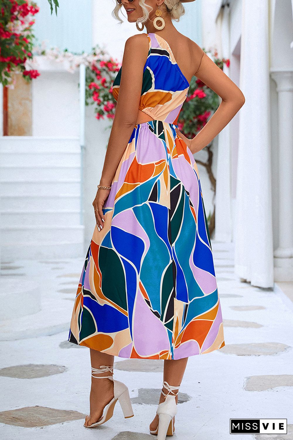 One Shoulder Cut Out Waist Floral Dress