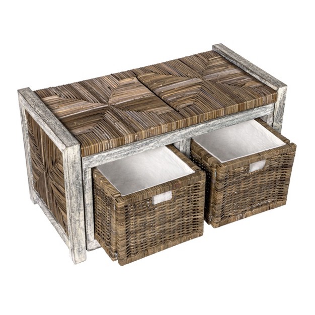 2 Drawer Wicker Storage Bench Gray