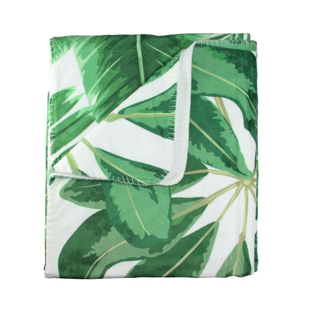 X 60 quot Tropical Leaves Plush Fleece Throw Blanket White green