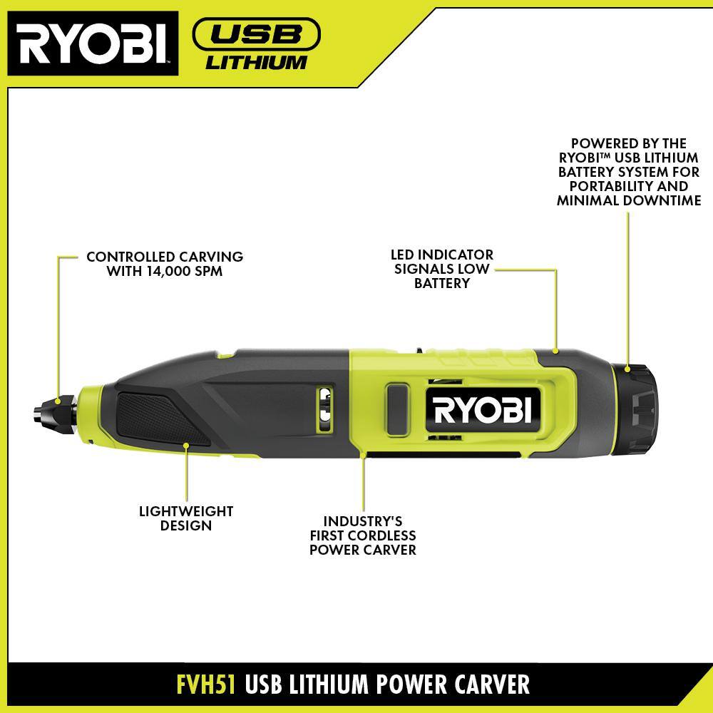 RYOBI USB Lithium Power Carver Kit with FREE USB Lithium 2.0 Ah Lithium Rechargeable Battery FVH51K-FVB02