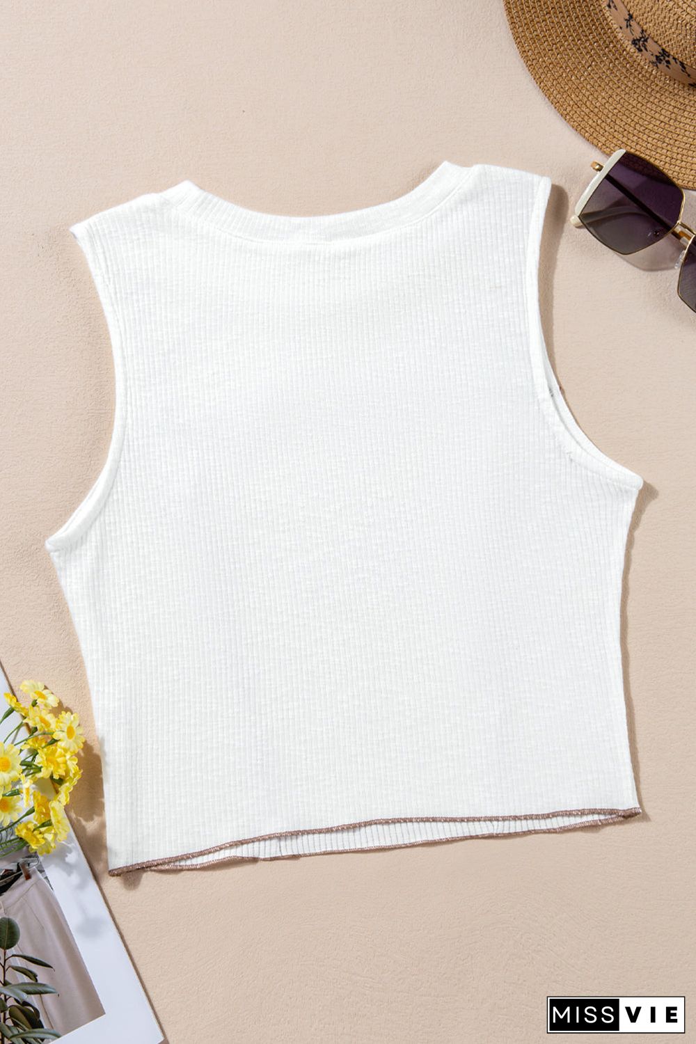 White Contrast Seams Ribbed Tank Top