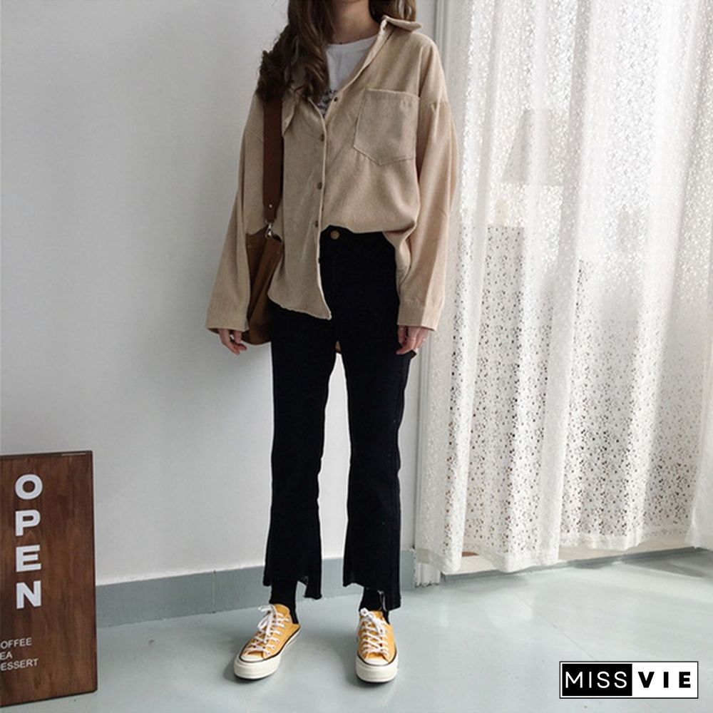 Women Vintage Spring Autumn Loose Shirts Korean Style Solid Color Blouse Long Sleeve Corduroy Coat