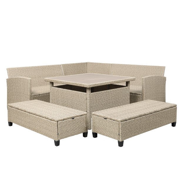 6 piece Outdoor Patio Wicker Rattan Sectional Sofa With Table And Bench For Backyard Garden Pool Side Brown Modernluxe