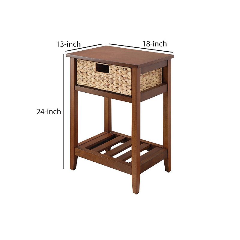 MDF Accent Table with Rattan Storage Basket and Slatted Shelf， Brown