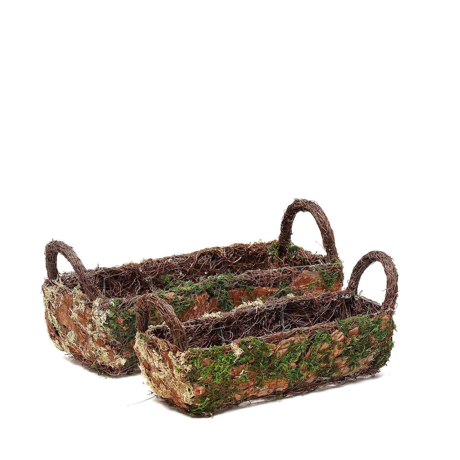 Set of 2 Rustic Log Shaped Preserved Moss Planter Boxes, Flower Baskets With Handle 13