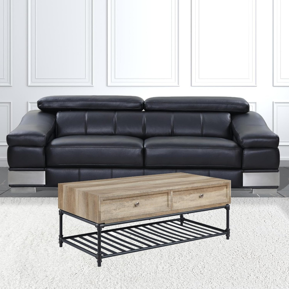 Classic Coffee Table  Industrial Pipe Base With Slatted Shelf  amp2 Drawers  Oak   Industrial   Coffee Tables   by Decor Love  Houzz