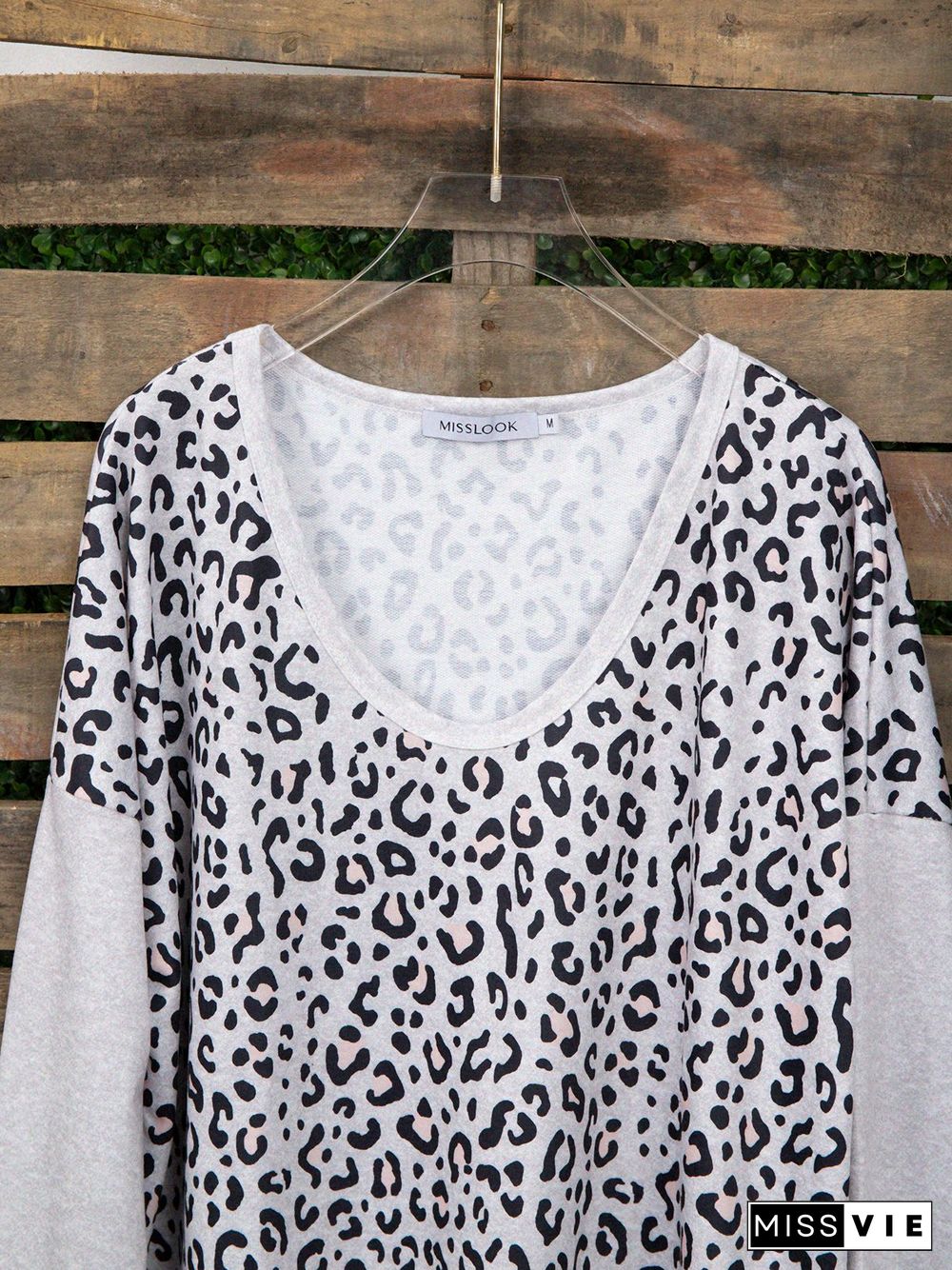 Casual Long Sleeve Color-Block Leopard T-shirt