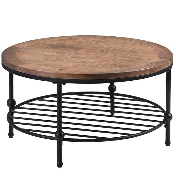 Rustic Natural Round Coffee Table with Storage Shelf