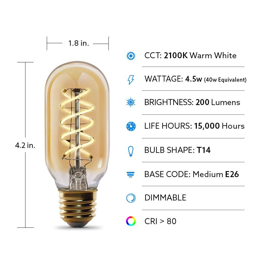 Feit Electric 40-Watt Equivalent T14 Dimmable Spiral Filament Amber Glass E26 Vintage Edison LED Light Bulb Warm White (4-Pack) T1440SLEDHDRP4