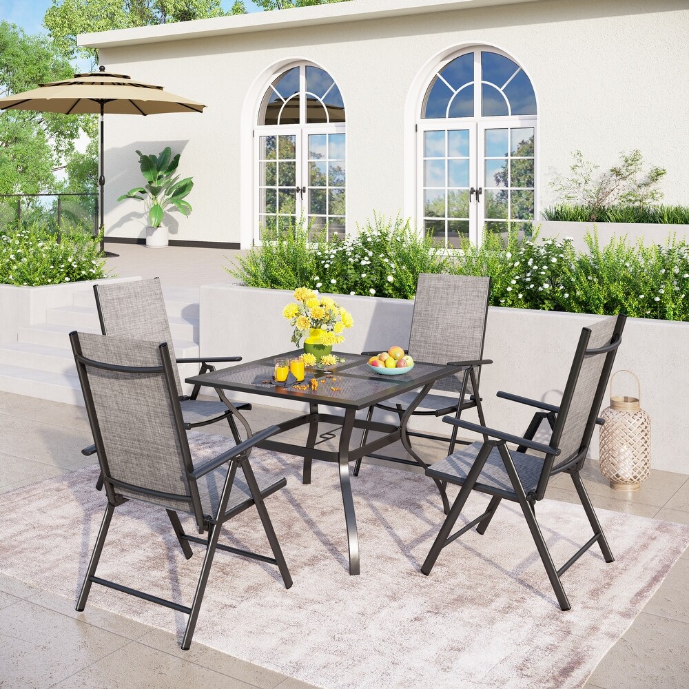 PHI VILLA 5 Piece Square Steel Table   Textilene Reclining Folding Sling Chair Patio Dining Sets