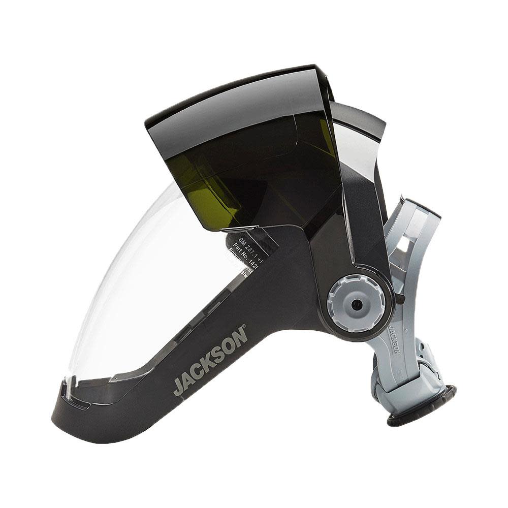 QUAD 500? Premium Multi-Purpose Face Shield ; Clear Window with Shade 8 IR Flip Visor ; Anti-Fog Coating ; 370 Speed Dial? Ratcheting Headgear ;