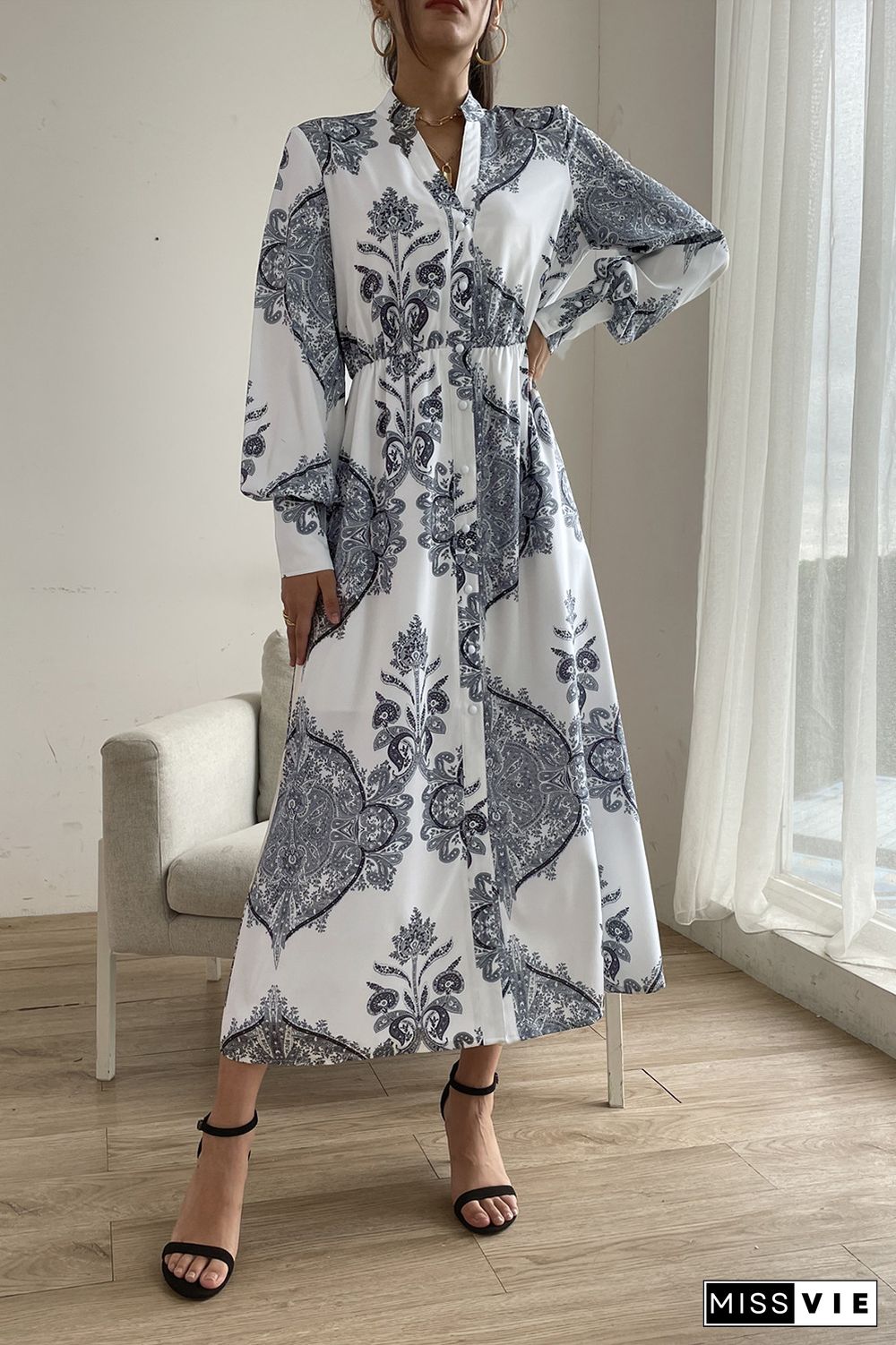 Puffy Sleeves Paisley Print Open Button Maxi Dress