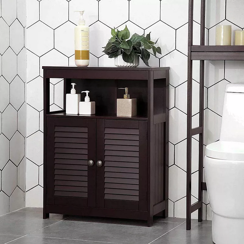 Bathroom Storage Floor Cabinet Free Standing With Double Shutter Door And Adjustable Shelf