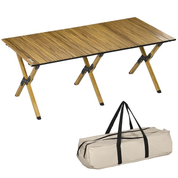 Outsunny 4ft Aluminum Camping Table，Folding RollUp Picnic Table with Carry Bag，Waterproof and Woodgrain Finish