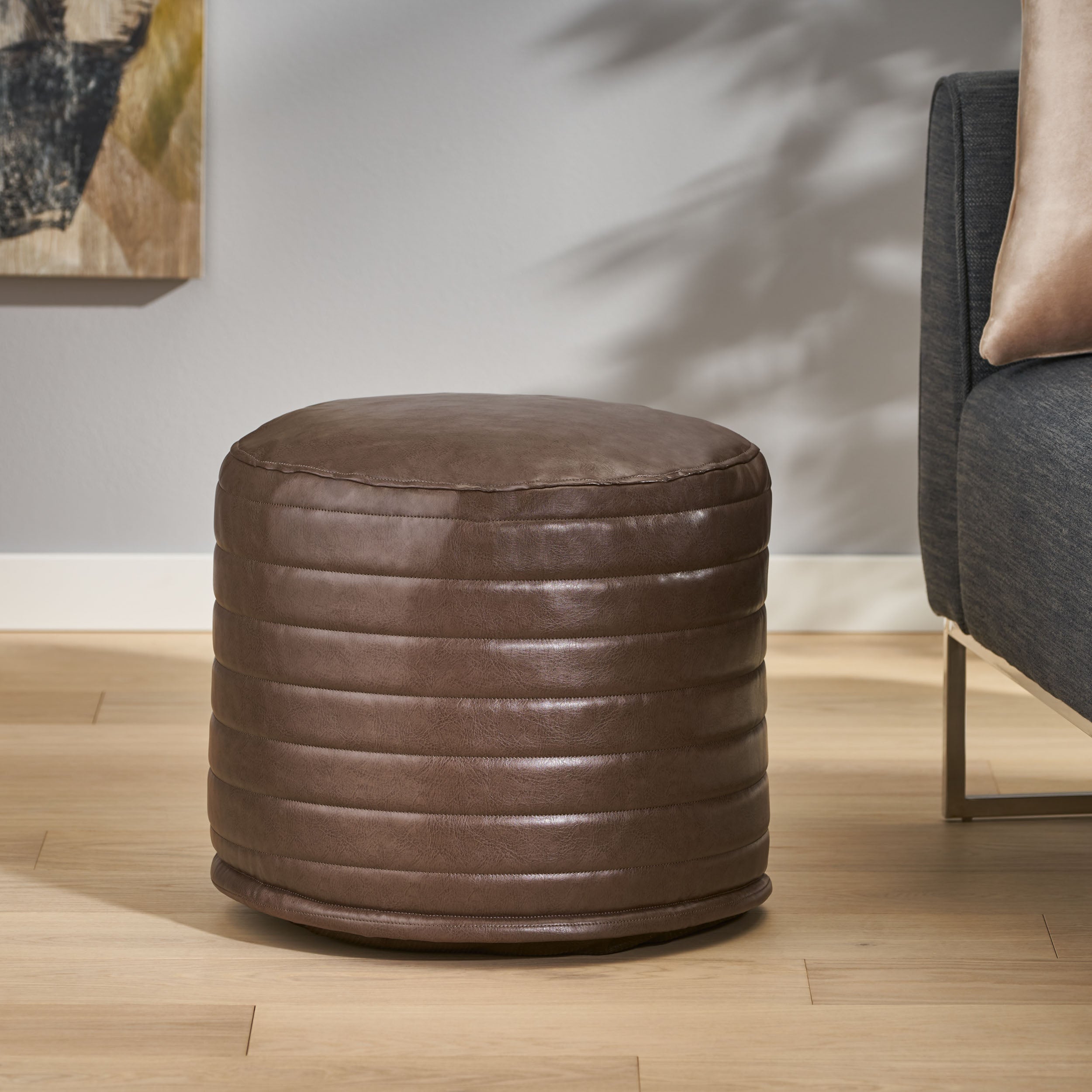 Conrail Contemporary Faux Leather Channel Stitch Pouf