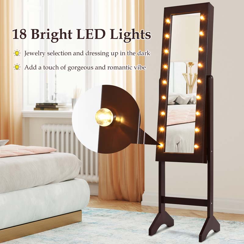 18 LEDs Large Standing Jewelry Armoire Cabinet with Full Length Mirror, 16 Lipstick Holder, 1 Inside Makeup Mirror