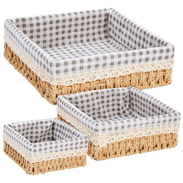 Farmlyn Creek Set Of 3 Rectangular Wicker Baskets For Organizing With Removable Fabric Liners Rectangular Home Storage Bins For Pantry Items 3 Sizes