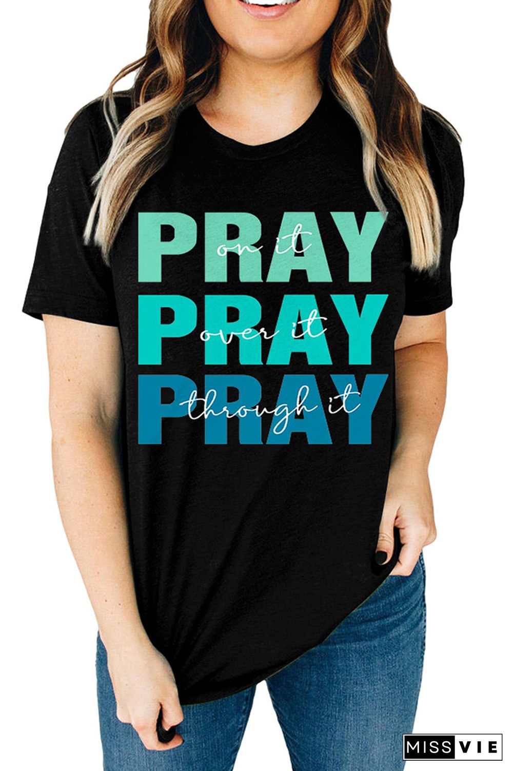 Pray Print Graphic Tees for Women Wholesale Short Sleeve T shirts Top