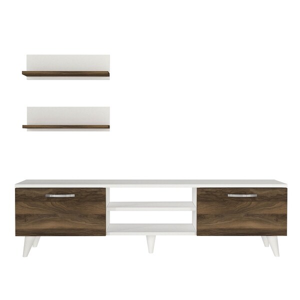 59 Inch Wood TV Console Entertainment Center， 2 Drop Down Doors， 2 Wall Shelves， Walnut， White