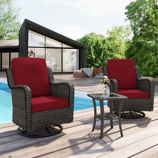 Outdoor 3 Pieces Rattan Wicker Bistro Set Swivel Rocker With Cushion and Table