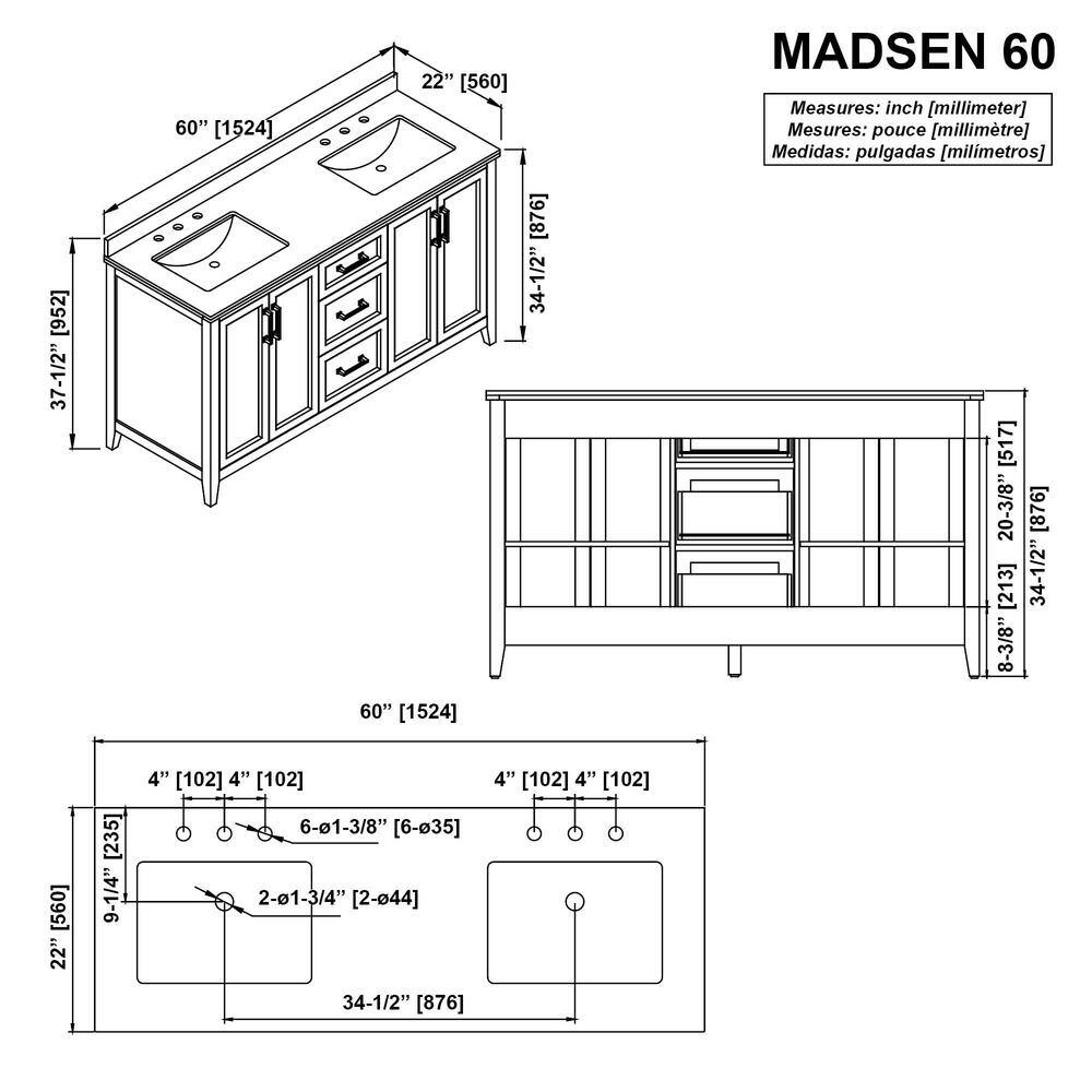 Home Decorators Collection Madsen 60 in. W x 22. D x 34.5 in. H Bath Vanity in Grayish Blue with White Cultured Marble Top Madsen 60GB