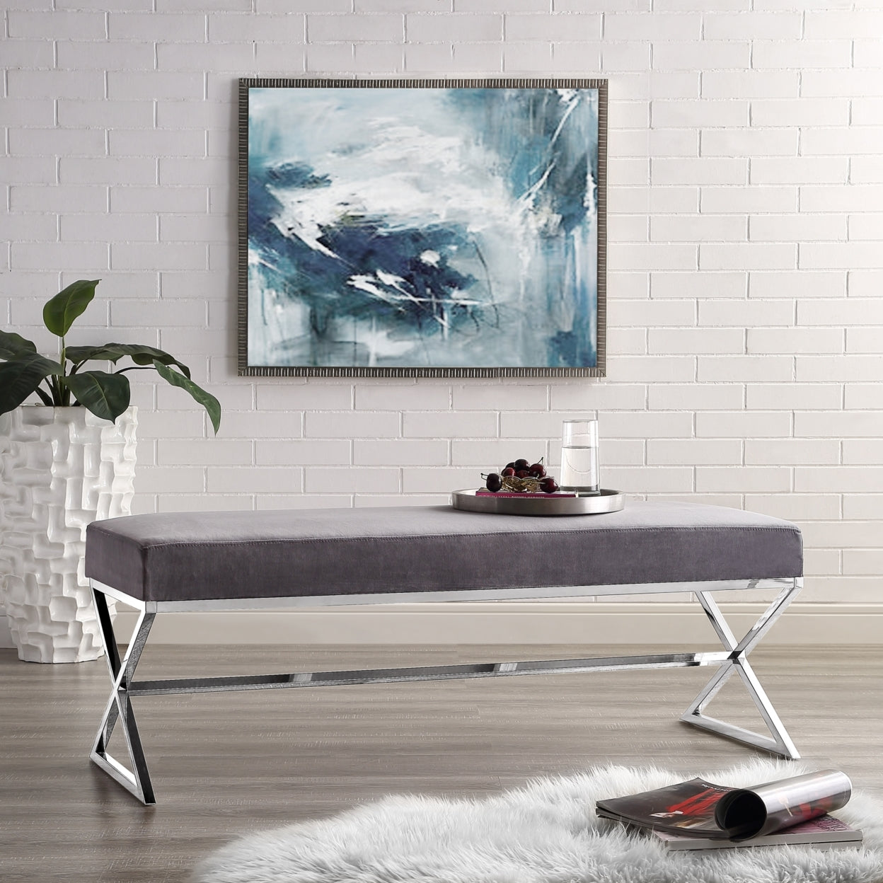 Liam Velvet Upholstered Bench-Stainless Steel Legs-Living-room, Entryway, Bedroom-Inspired Home