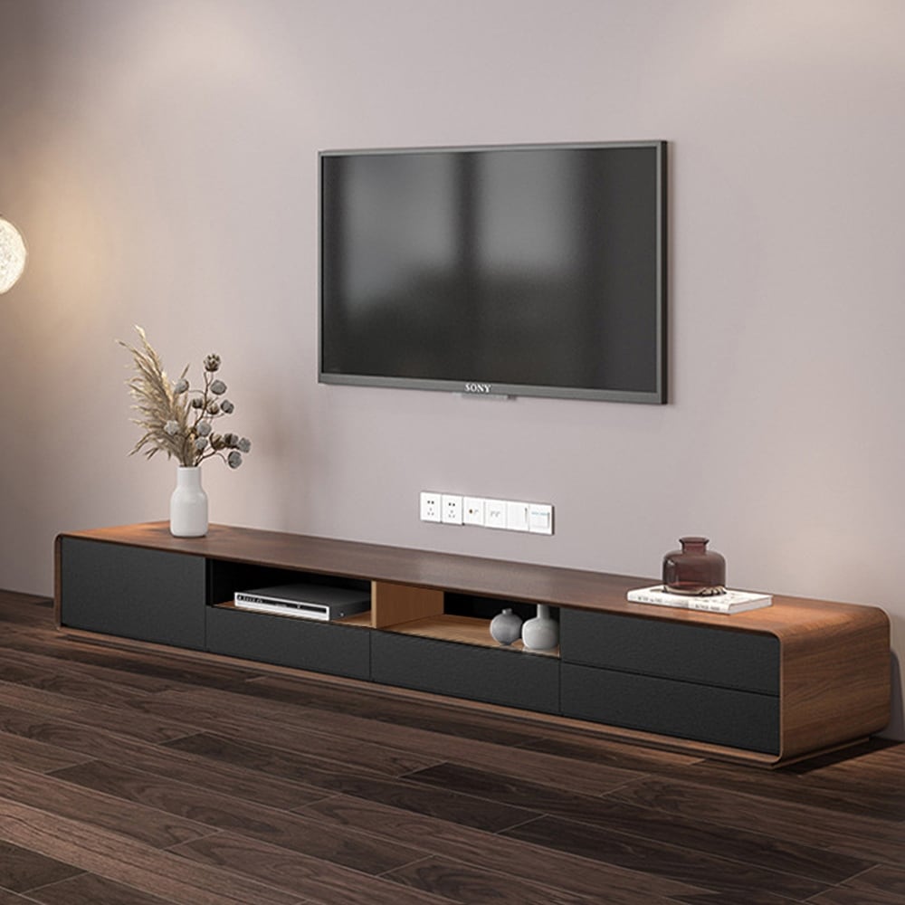 Modern Wood TV Stand  Lowline Media Console with 4 Drawers  Open Storage Cabinet  Walnut Veneer  Fully assembled