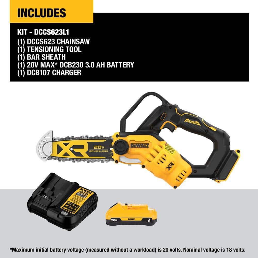 DEWALT 8 in. 20-Volt Lithium-Ion Pruning Electric Battery Chainsaw Kit with 3Ah Battery and Charger DCCS623L1