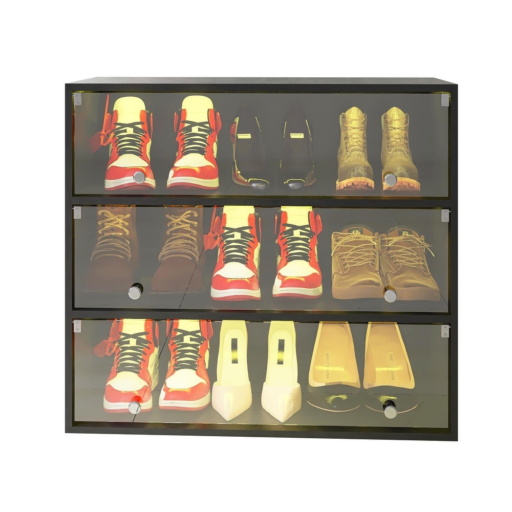 Stacking Shoe Box with Glass Door 3 Layers and LED Light Cabinet