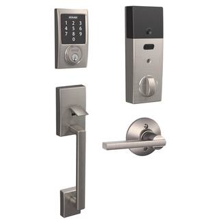 Schlage Century Satin Nickel Connect Smart Lock with Alarm and Latitude Lever Handleset BE469ZP V CEN619 + FE285 V LAT 619 CEN