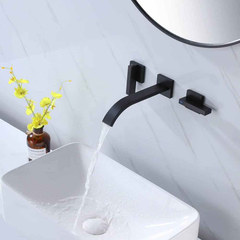 FLG Double Handle Waterfall Wall Mounted Bathroom Faucet Brass 3 Hole Bathroom Sink Faucet with Valve in Matte Black KK-0019-MB