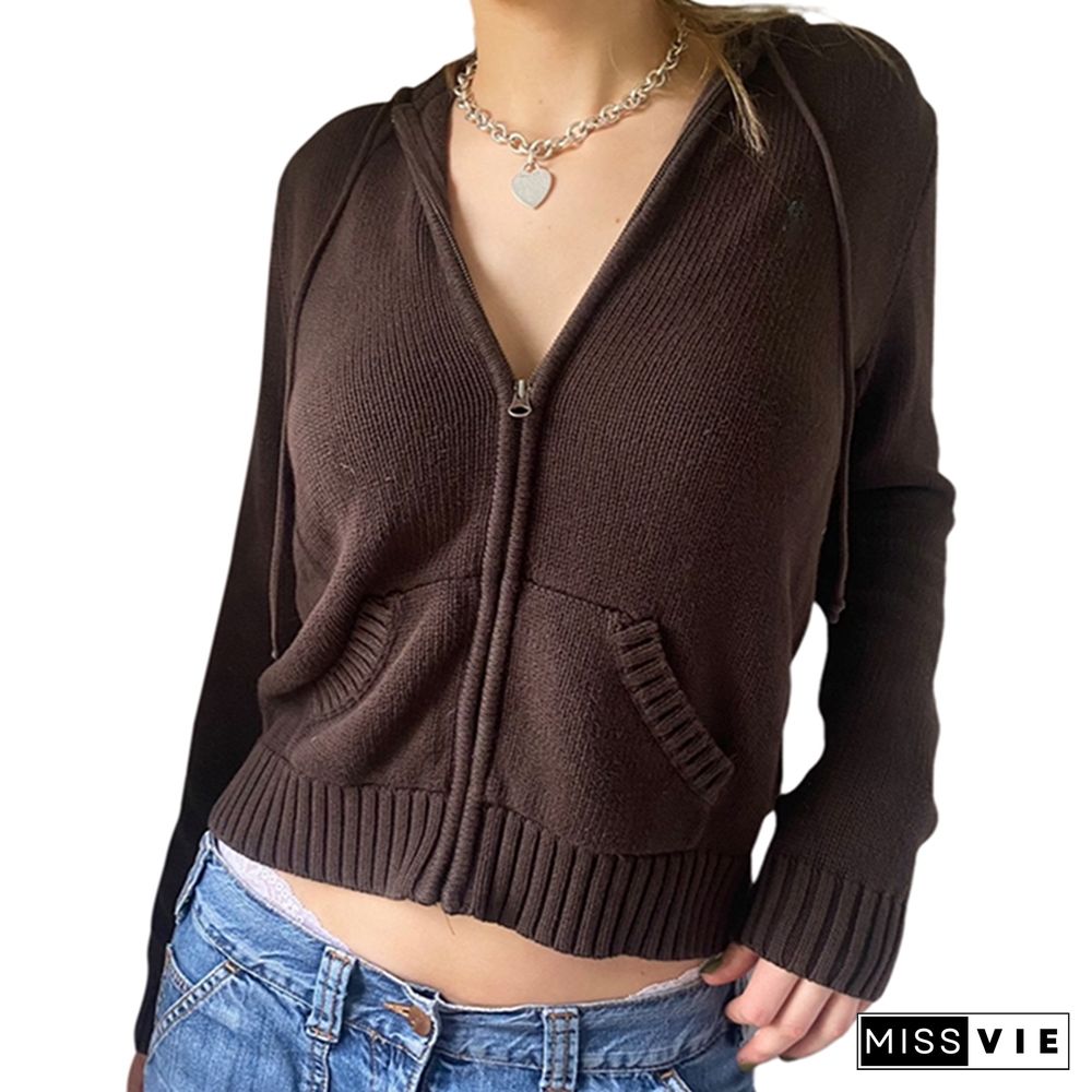 Vintage Brown Solid Hooded Y2K Sweaters Women Autumn Winter Lantern Sleeve Zip Up Jacket Cardigan Knitted Hoodies