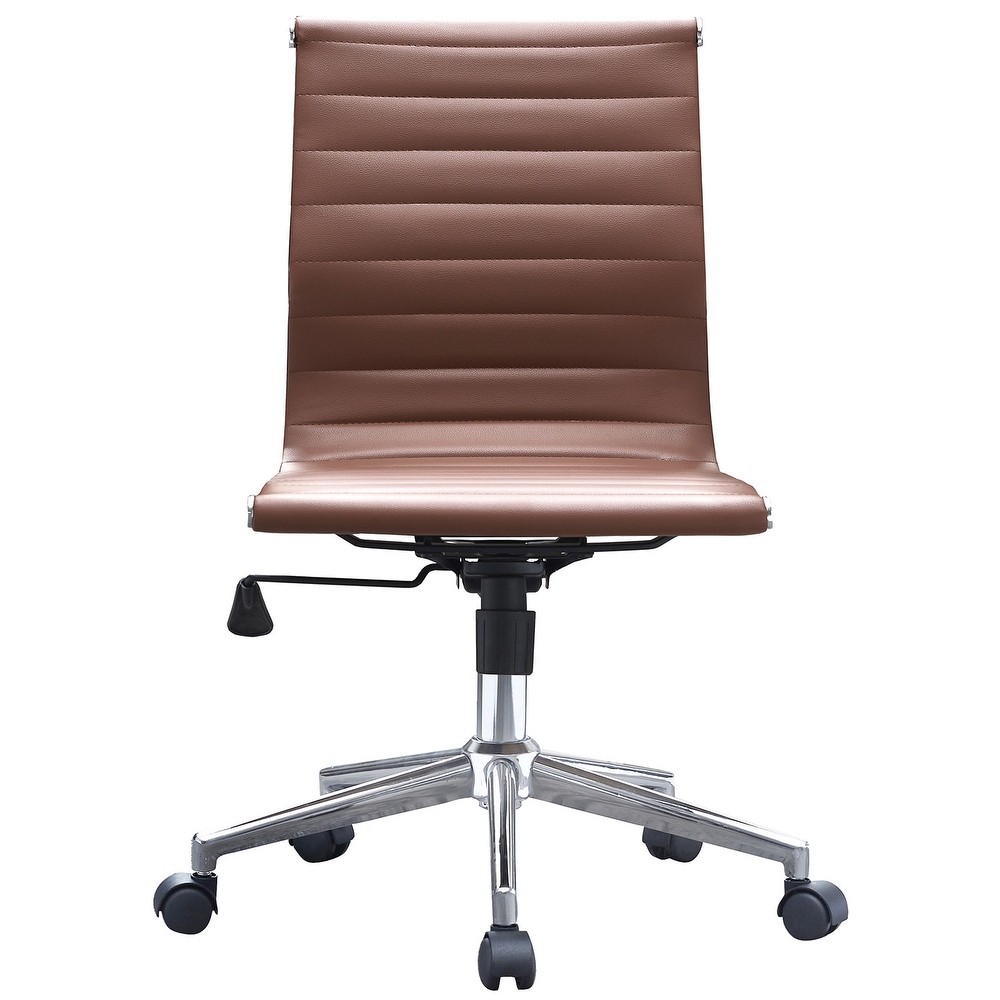 Brown Adjustable Mid Back Office Chair: Sleek Swivel  PU Leather  Armless  Ribbed